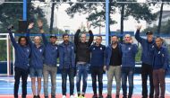 :Members of the France's 1998 World Cup's French football national team (from L) Christian Karembeu, Frank Leboeuf, Lionel Charbonnier, Robert Pires, Zinedine Zidane, Youri Djorkaeff, Vincent Candela, Alain Boghossian, Laurent Blanc and Sabri Lamouchi pos