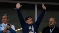 Argentina's football legend Diego Maradona waves to the crowd ahead of the Russia 2018 World Cup Group D football match between Argentina and Iceland at the Spartak Stadium in Moscow on June 16, 2018. AFP / Juan Mabromata 