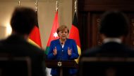 German Chancellor Angela Merkel speaks during a news conference at the Royal Palace in Amman, Jordan June 21, 2018. REUTERS/Muhammad Hamed
