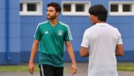 Germany's defender Jonas Hector (L) and Germany's coach Joachim Loew take part in a training session on June 26, 2018 in Kazan, during the Russia 2018 World Cup tournament. / AFP / SAEED KHAN