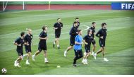 Croatia's team players take part in a training session of Croatia's national football team at the Luzhniki training field, in Moscow, on July 9, 2018 ahead of their Russia 2018 semi-final football match against England. / AFP / Alexander NEMENOV
