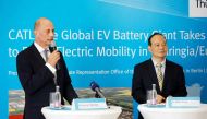 Battery maker CATL’s CEO Robin Zeng (right) and Thuringia Economy Minister Wolfgang Tiefensee speak to media in Berlin, Germany.