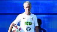 France's head coach Didier Deschamps looks on during a training session at the Glebovets stadium in Istra, some 70 km west of Moscow on July 12, 2018, ahead of their Russia 2018 World Cup final football match against Croatia. / AFP / Franck Fife