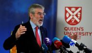 FILE PHOTO: Gerry Adams speaks at an event to celebrate the 20th anniversary of the Good Friday Agreement, in Belfast, Northern Ireland, April 10, 2018. REUTERS/Clodagh Kilcoyne/File Photo