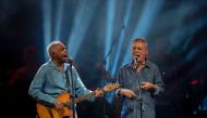 Brazilian musicians Gilberto Gil (L) and Chico Buarque perform during the 