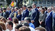 Spain's Queen Letizia, Spain's King Felipe VI,Spanish Prime Minister Pedro Sanchez, President of the Parliament Ana Pastor, President of the Senate, Pio Garcia Escudero, Catalan regional president Quim Torra and Catalan regional Speaker Roger Torrent (R t