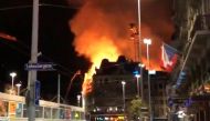 A fire is seen near Bahnhofplatz in Zurich, Switzerland, August 25, 2018 in this still image taken from a social media video. 