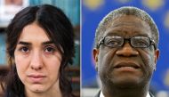 A combination picture shows the Nobel Prize for Peace 2018 winners: Yazidi survivor Nadia Murad posing for a portrait at United Nations headquarters in New York, U.S., March 9, 2017 (L) and Denis Mukwege delivering a speech during an award ceremony to rec