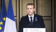 French president Emmanuel Macron delivers a speech during a ceremony for French writer and former soldier Maurice Genevoix (1890-1980), secretary of the Academie Francaise, in Les Eparges, eastern France, on November 6, 2018, as part of celebrations marki
