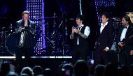 Members of Mexican rock group Mana Sergio Vallin, Juan Calleros, Fher Olvera and Alex Gonzalez speak onstage after receiving the 2018 Latin Recording Academy Person of the Year award at a gala in their honour in Las Vegas, Nevada, on November 14, 2018. AF