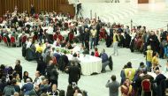 Pope Francis eats lunch with the poor after celebrating the Mass marking the Roman Catholic Church's World Day of the Poor, at Paul VI Hall at the Vatican November 18, 2018. Reuters/Remo Casilli