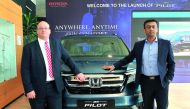 Faisal Sharif (right), Managing Director, Domasco; with Greig Roffey, Head of Sales and Marketing at Domasco, during the launch of the 2019 Honda Pilot SUV held at the Domasco’s premises in Doha yesterday. Pic: Salim Matramkot / The Peninsula