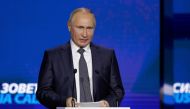 Russian President Vladimir Putin delivers a speech during a session of the VTB Capital Investment Forum 