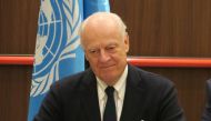 UN Secretary-General's Special Envoy to Syria, Staffan de Mistura makes a speech during meeting between the representatives of Russia, Turkey, Iran and Syria’s Bashar al-Assad regime within 11th round of Syria peace talks starts in Astana, Kazakhstan on N