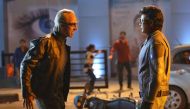 A still of the actors Rajinikanth and Akshay Kumar (L) from the movie 2.0.