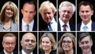 A combination of pictures created in London on December 11, 2018 shows Conservative MPs (top row L-R) Esther Mcvey on July 17, 2018, Dominic Raab on July 9, 2018, Boris Johnson on June 13, 2018, David Davis on February 6, 2018, Britain's Foreign Secretary