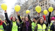 Women wearing Yellow vests (Femmes Gilets jaunes) protest French government against rising oil prices tax and deteriorating economic conditions near Place de la Bastille in Paris, France on January 06, 2019. Mustafa Yalç?n - Anadolu