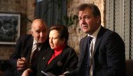 Richard Ratcliffe (R), husband of jailed British-Iranian Nazanin Zaghari-Ratcliffe and Nobel Laureate Iran's Shirin Ebadi (C) take part in a joint press conference in London to mark the start of Nazanin Zaghari-Ratcliffe's hunger strike in Tehran's Evin p