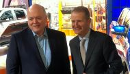 FILE PHOTO: The President and CEO of Ford Motor Company, Jim Hackett, poses with Volkswagen CEO Herbert Diess at the North American International Auto Show in Detroit, Michigan, U.S., January 14, 2019. REUTERS/Ben Klayman