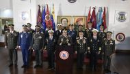 Venezuelan Defense Minister Vladimir Padrino Lopez (C) delivers a press conference in Caracas, along with members of the top military leadership 