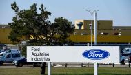 This file photo taken on February 27, 2018 shows a general view of the entrance to US car maker Ford Aquitaine Industries plant in Blanquefort near Bordeaux, southwestern France as directors of Ford Europe meet with work's council members and unions prote