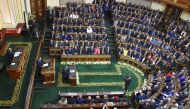 Egyptian President Abdel Fattah al-Sisi (2nd-L, centre) giving a speech during his swearing in ceremony for a second four-year term in office, at the parliament meeting hall in the capital Cairo on June 2, 2018.  AFP / Egyptian Presidency