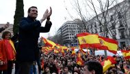 Spanish People's Party (PP) president Pablo Casado greets protesters during a demonstration in Madrid by right-wing parties on February 10, 2019. AFP / OSCAR DEL POZO
