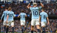 Manchester City's Argentinian striker Sergio Aguero celebrates scoring his team's third goal during the English Premier League football match between Manchester City and Burnley at the Etihad Stadium in Manchester, north west England, on February 10, 2019