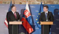 US Secretary of State Mike Pompeo (L) and Slovakia’s Foreign Minister Miroslav Lajcak give a press conference on February 12, 2019, in Bratislava, Slovakia, during Pompeo's week-long tour across Central Europe.  AFP / Joe Klamar