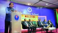 Dr Shashi Tharoor, member of Indian Parliament and Chairman of the Standing Committee of the Parliament on External Affairs, addressing a community gathering at Birla Public School Doha, on Saturday. Also seen is Ambassador of India to Qatar, P Kumaran (s
