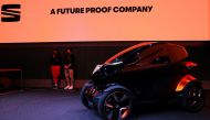Minimo, the new all-electric a two-seater concept vehicle by the Spanish car-maker SEAT, is displayed inside company's booth after being unveiled at the Mobile World Congress in Barcelona, Spain February 25, 2019. REUTERS/Sergio Perez