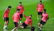 (L to R) Real Madrid's Spanish defender Jesus Vallejo, Real Madrid's Spanish midfielder Marco Asensio, Real Madrid's Spanish defender Sergio Reguilon, Real Madrid's Spanish defender Sergio Ramos, Real Madrid's Spanish midfielder Brahim Diaz and Real Madri