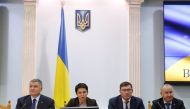 (L-R) Ukraine's Interior Minister Arsen Avakov, head of the Central Election Commission Tetiana Slipachuk, Prosecutor General Yuriy Lutsenko and State Security Service (SBU) chief Vasily Gritsak attend a news briefing on security measures during the upcom