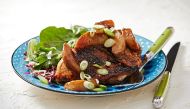 Miso-Ginger Roasted Chicken and Pears.  Photo by Tom McCorkle for The Washington Post.
