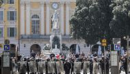 Anti-riot police officers block an access to Garibaldi Square in downtown Nice, on the sidelines of an anti-government demonstration called by the 