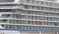 The cruise ship Viking Sky, that ran into trouble in stormy seas off Norway, reaches the port of Molde under its own steam on March 24, 2019.   AFP 
