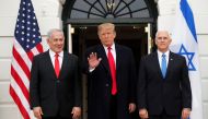 US President Donald Trump welcomes Israel Prime Minister Benjamin Netanyahu with Vice President Mike Pence at the White House, March 25, 2019. Reuters/Carlos Barria