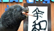 Sea lion 'Leo' poses after writing the characters for the new era name 