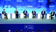 Sweden's Prime Minister Stefan Lofven, Iceland's President Gudni Johannesson, Russia's President Vladimir Putin, Finland's President Sauli Niinisto, Norway's Prime Minister Erna Solberg and moderator Bloomberg's Senior Executive Editor for Global Business