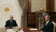 Turkish President Recep Tayyip Erdogan meets Turkish National Defense Minister Hulusi Akar at Presidential Complex in Ankara, on April 11, 2019. (Turkish Presidency/Murat Cetinmuhurdar/Anadolu Agency ) 