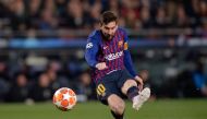 Barcelona's Argentinian forward Lionel Messi scores a goal during the UEFA Champions League quarter-final second leg football match between Barcelona and Manchester United at the Camp Nou stadium in Barcelona on April 16, 2019. / AFP / PAU BARRENA