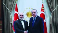 Turkish President Recep Tayyip Erdogan (R) meets Iranian Foreign Minister Mohammad Javad Zarif (L) in Ankara, Turkey on April 17, 2019. (Turkish Presidency/Cem Oksuz/Anadolu Agency) 