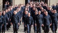 Parisian Firefighters' brigade arrives at Elysee Palace to attend a speech of the French President Emmanuel Macron, to pay tribute to the firemen who took part at the fire extinguishing's operations during the Notre Dame of Paris Cathedral fire, in Paris,