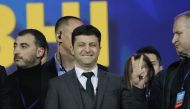 Ukrainian presidential candidate Volodymyr Zelensky (C) gestures during a debate with Ukrainian President and presidential candidate Petro Poroshenko (not seen) at the Olimpiyskiy Stadium in Kiev, Ukraine on April 19, 2019. Vladimir Shtanko - Anadolu 