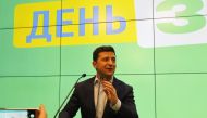 Ukrainian presidential candidate Volodymyr Zelenskiy is seen following the announcement of an exit poll in a presidential election at his campaign headquarters in Kiev, Ukraine on April 21, 2019. (Vladimir Shtanko - Anadolu Agency)