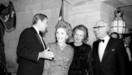 US President Ronald Reagan and Nancy Reagan escort Margaret Thatcher and husband Dennis to the British Embassy in Washington in this February 20, 1985 file photo.  Reuters / Charles Cancellare