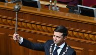 Ukraine's President Volodymyr Zelensky holds Bulava, the Ukrainian symbol of power, during his inauguration ceremony at the parliament in Kiev on May 20, 2019. AFP / Genya Savilov