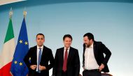 FILE PHOTO: Italy's Minister of Labor and Industry Luigi Di Maio, Prime Minister Giuseppe Conte and Interior Minister Matteo Salvini leave at the end of a news conference after a cabinet meeting at Chigi Palace in Rome, Italy, October 20 2018. REUTERS/Rem