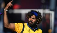 Sri Lanka's Lasith Malinga gestures on the field as Sri Lanka's players celebrate their win after the 2019 Cricket World Cup group stage match between England and Sri Lanka at Headingley in Leeds, northern England, on June 21, 2019. AFP / Dibyangshu Sarka