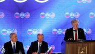 Israeli Prime Minister Benjamin Netanyahu and Nikolai Patrushev, secretary of the Russian Security Council listen as U.S national security adviser John Bolton speaks during opening statements of a trilateral meeting between Bolton, Patrushev and Israeli n